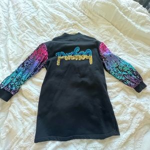 Black/multi-colored sequined dress.